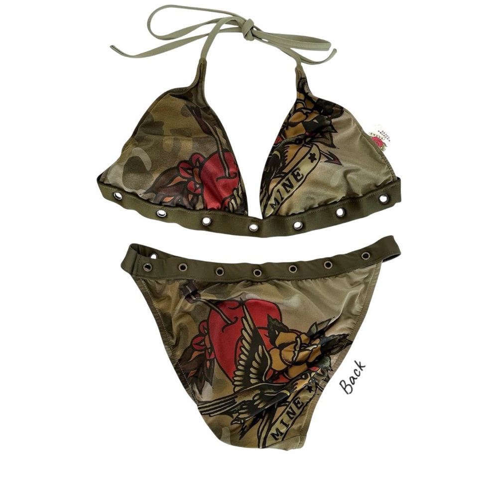 Lucky Brand Sailor Tattoo Army Camo Grommet Y2K Bikini Set - Size Large